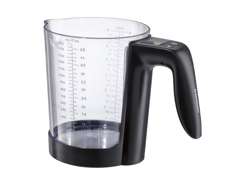 Messbecher mit digitaler Waage, transparent mit schwarzen Akzenten, zeigt Maße in ml/fl'oz.