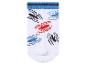 Weiße Socke mit Spinnenmuster in Schwarz, Rot und Blau, und blauen Streifen am Bündchen.