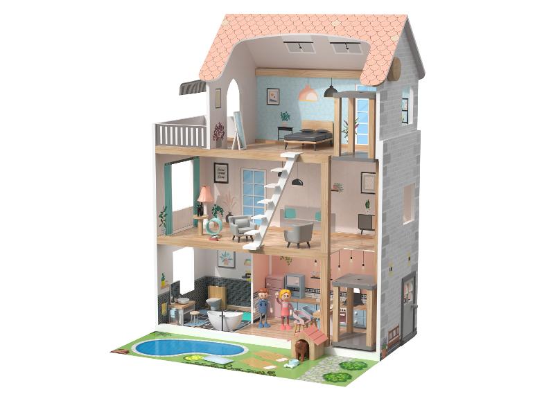 Dreistöckiges Puppenhaus mit Pool und Garten.