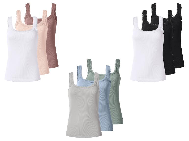 Drei Sets gerippter Tanktops mit Spitzenbesatz in Weiß, Schwarz, Nude, Braun, Grau, Blau und Grün.
