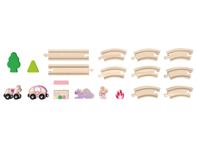 Holzeisenbahn mit Kurven, geraden Schienen, einem Pferdewagen, einem Auto, einem Schloss und weiteren Figuren.