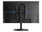 Rückseite eines schwarzen Monitors mit blauer und violetter LED-Beleuchtung und zentralem Standfuß.