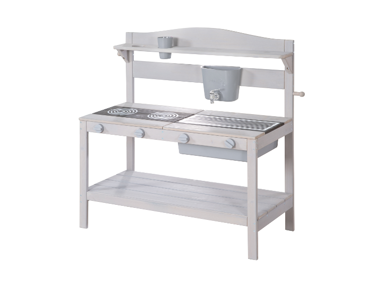 Ein weißes Holz-Spielküchenset mit Spüle, Herd und Ablage.