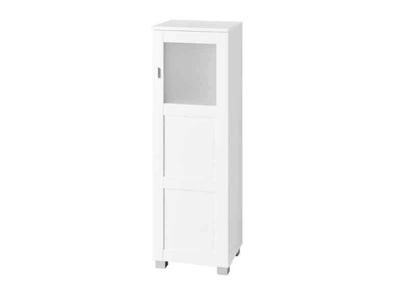 Weißer Nachttisch mit offenem Regal und Schrank.