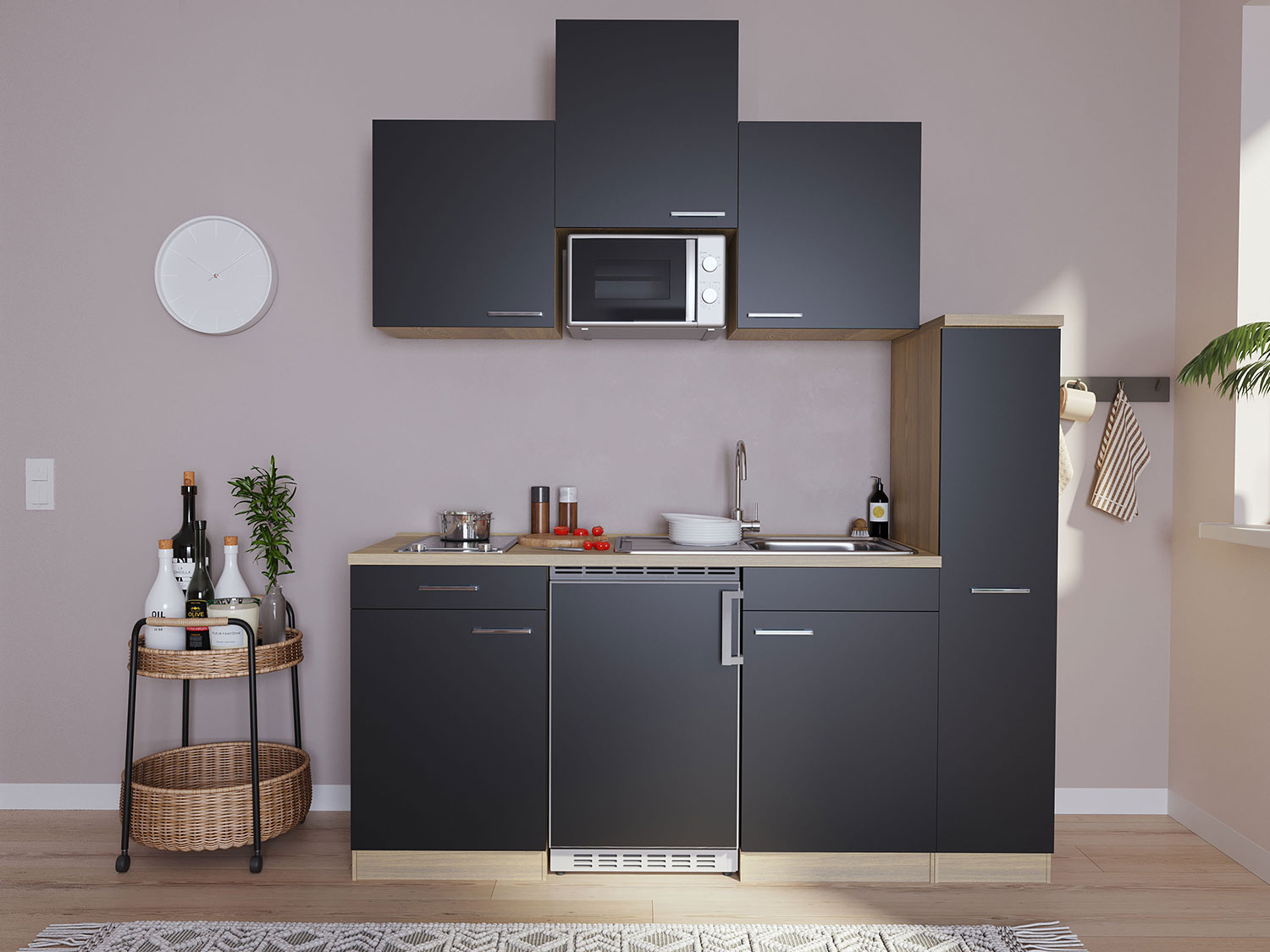 Respekta Singleküche Eiche Sonoma Sägerau 150/160/180cm (mit Mikrowelle, schwarz / Glaskeramikkochfeld, Breite 180cm) | 04260344974221