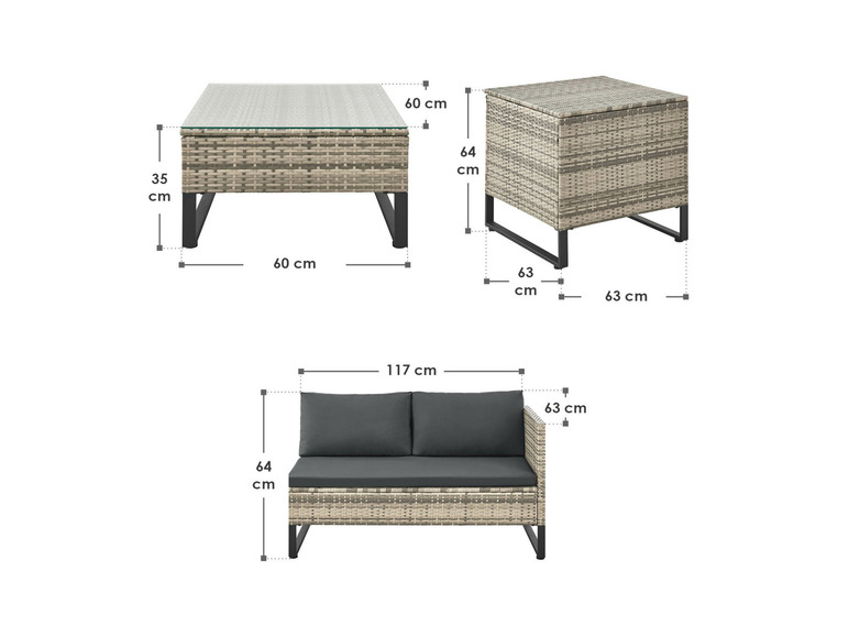 Ein Rattan-Loungeset mit einer Eckcouch, Couchtisch und Beistelltisch.
