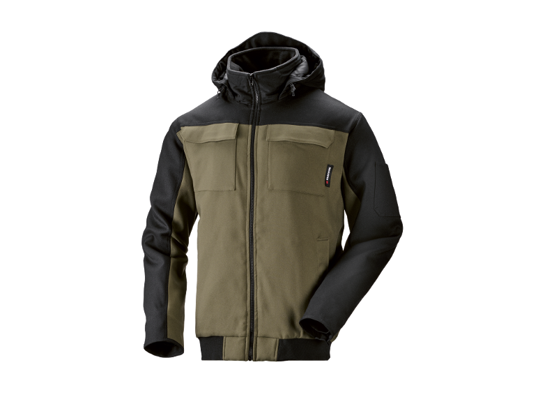 Zweifarbige Arbeitsjacke in Khaki und Schwarz mit Kapuze, Taschen und Reißverschluss.