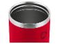 Roter Thermobecher mit silbernem Rand und dunkelrotem Logo