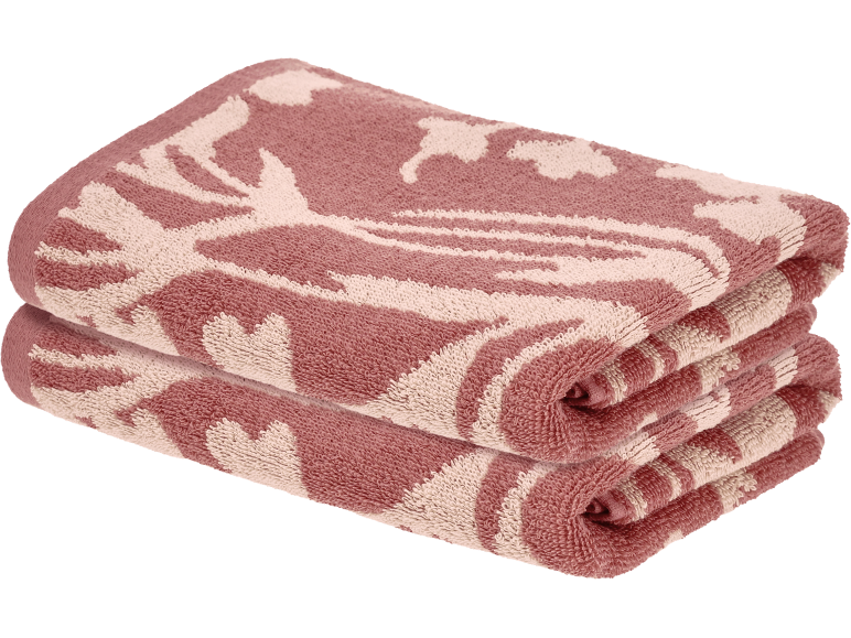 Zwei gefaltete rosa und weiß gemusterte Handtücher mit tropischem Blattdesign.