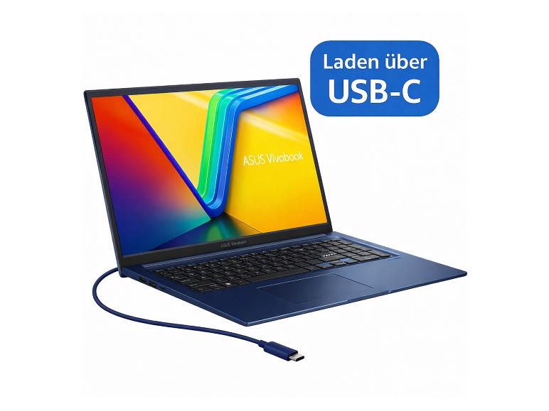 ASUS Vivobook Laptop in Blau mit USB-C-Ladekabel und deutschem Hinweistext.