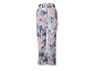 Rosa, blau und weiß gemusterte Skihose mit Taschen und Reißverschlüssen.