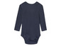 Ein dunkelblauer Baby-Body mit langen Ärmeln.