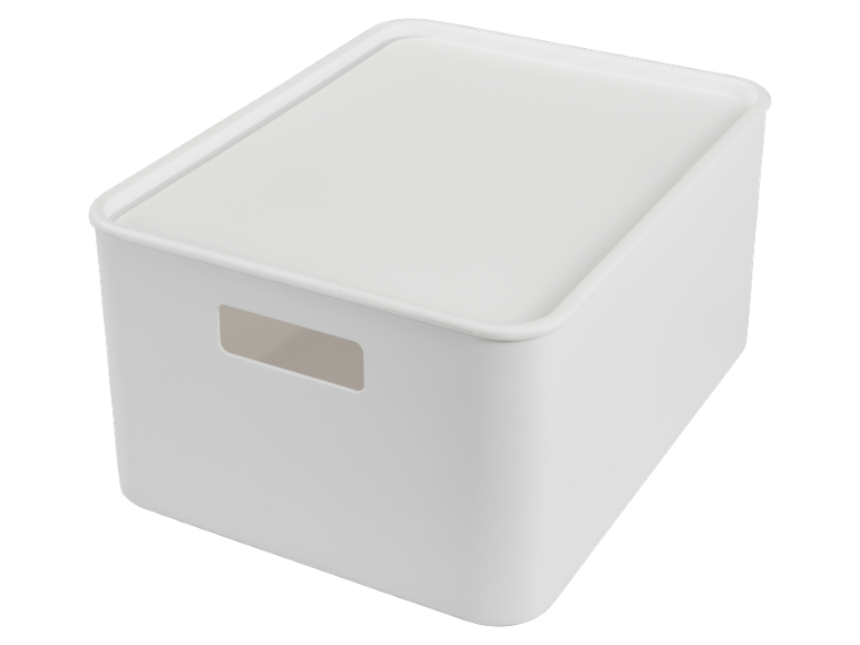 Weiße Aufbewahrungsbox mit Deckel und ausgeschnittenem Griff
