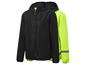Eine schwarze Windjacke mit Kapuze neben einer leuchtend gelben Windjacke mit reflektierenden Streifen.