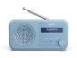 Blaues Digitalradio mit Antenne, Bluetooth-Anzeige und Bedientasten.