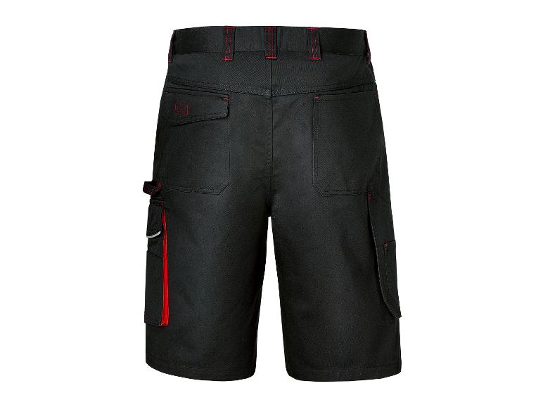 Schwarze Arbeitsshorts mit Cargotaschen und roten Details.