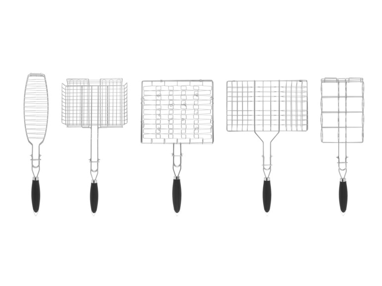 Fünf Grillroste mit schwarzen Griffen.