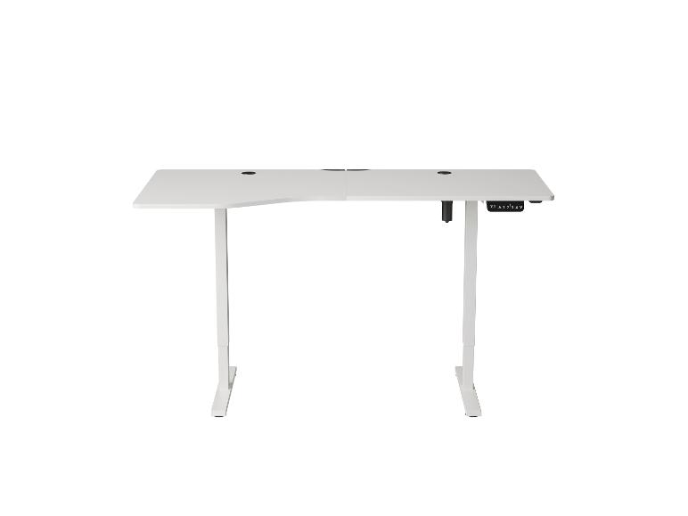 Weißer Sitz-Steh-Schreibtisch mit ergonomischer Tischplatte und digitalem Bedienfeld.