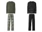 Zwei Pyjama-Sets: ein einfarbiges grünes Oberteil mit grün karierter Hose und ein schwarz gestreiftes Oberteil mit schwarzer Hose.