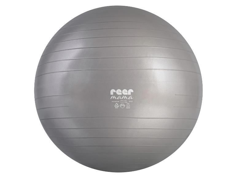 Grauer Gymnastikball mit Aufschriften und Symbolen, 65 cm Durchmesser, max. 120 kg.