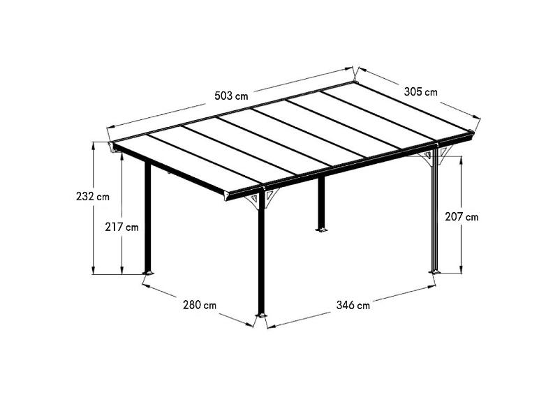 Carport mit den Maßen 503x305 cm, Höhe 232/207 cm und Pfostenabstand 280/346 cm.