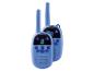 Zwei blaue Kinder-Walkie-Talkies mit Digitalanzeigen und Tasten.