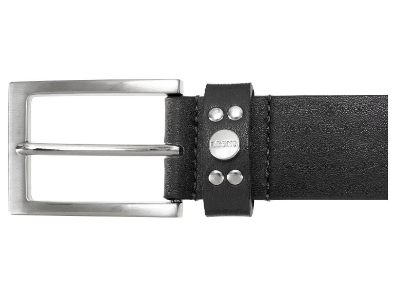 Schwarzer Ledergürtel mit silberner Metallschnalle und „LOOKS“-Details.