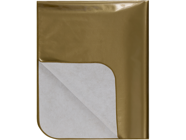 Ein goldenes Metallic-Geschenkpapier mit weißem Vliesstofffutter, teilweise entfaltet.