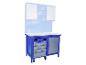 Blaue Werkbank mit Schubladen, Schrank und oberer Lochwand