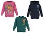 Drei Kinder-Sweatshirts: pink mit Dinosaurier und Hund, grün mit Dinomuster und marineblau mit Logo.