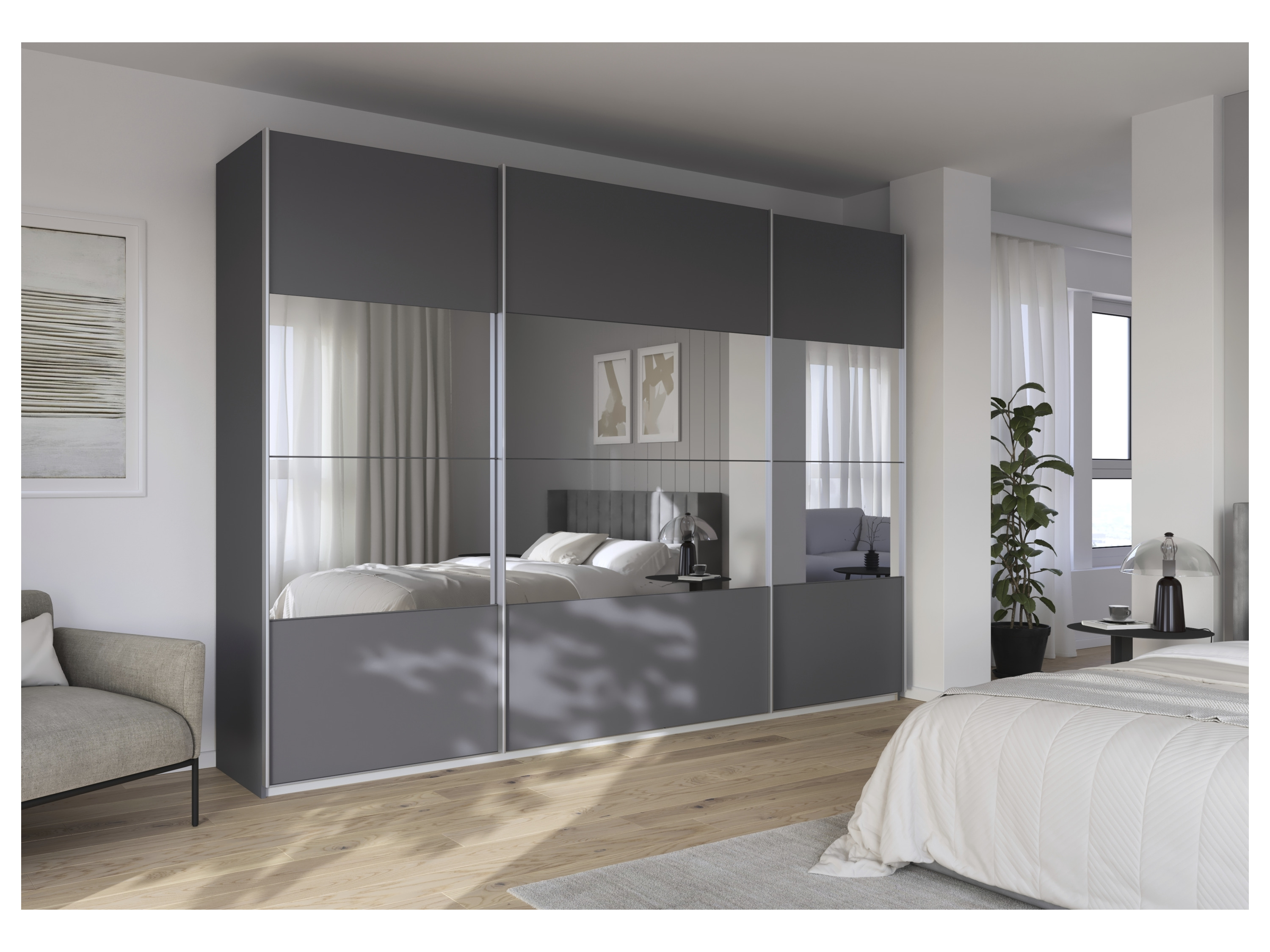 RAUCH ORANGE Quadra Schwebetürenschrank mit Spiegelelementen (Classic-Zubehör, Korpus: Graumetallic, 315 x 230 cm) – Bild 2 von 4