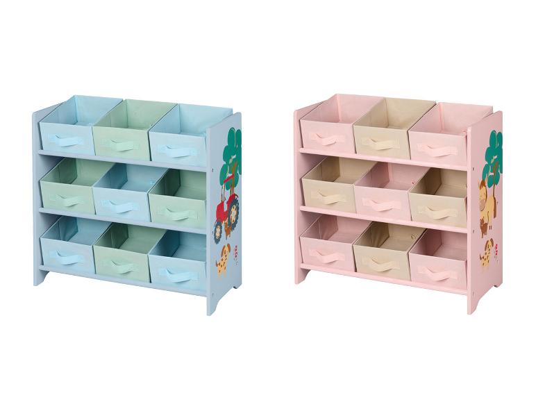 Zwei Kinder-Aufbewahrungseinheiten mit bunten Körben, eine blaue mit Bauernhoftieren, eine rosa mit Waldtieren.