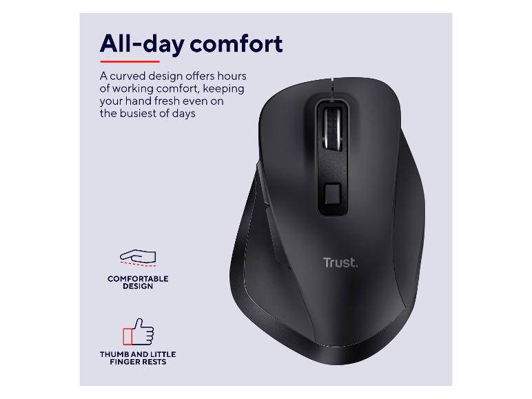 Computermaus mit ergonomischem Design und Daumen- und Kleinfingerablagen für ganztägigen Komfort.