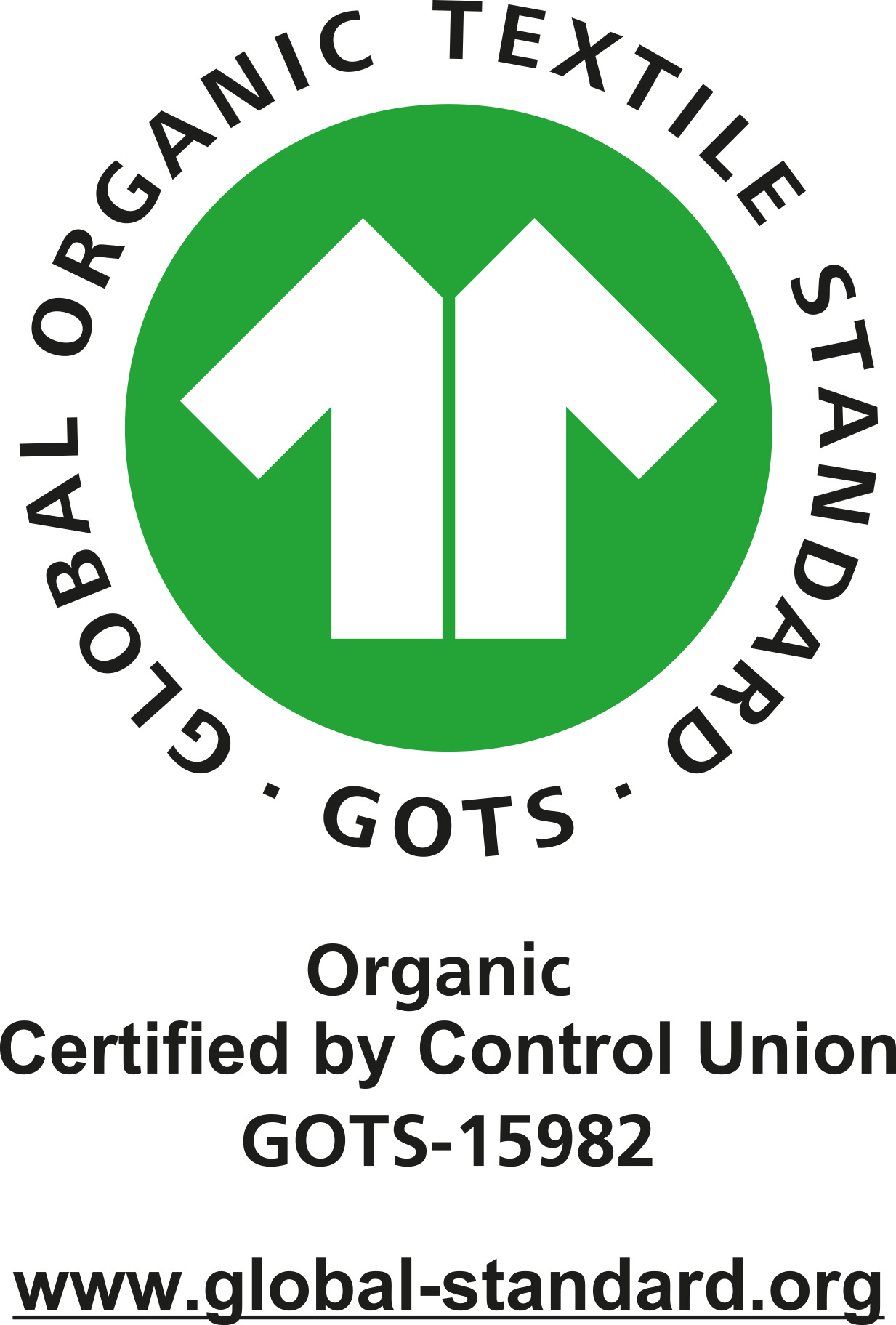 GOTS-Zertifizierungssiegel mit dem Text Organic, Certified by Control Union, GOTS-15982.