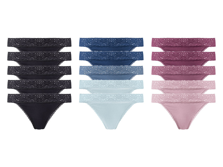 Schwarze, blaue und rosa String-Slips mit Spitze.