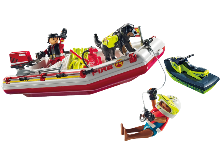 Kinderspielset mit Feuerwehrboot, Spielfiguren und Rettungshund