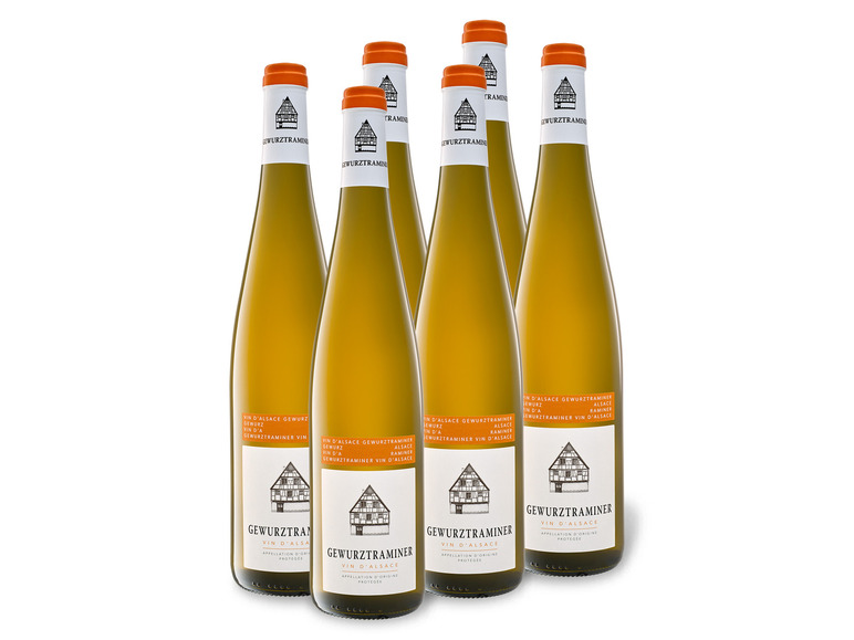 Sechs Flaschen Gewürztraminer Wein aus dem Elsass.