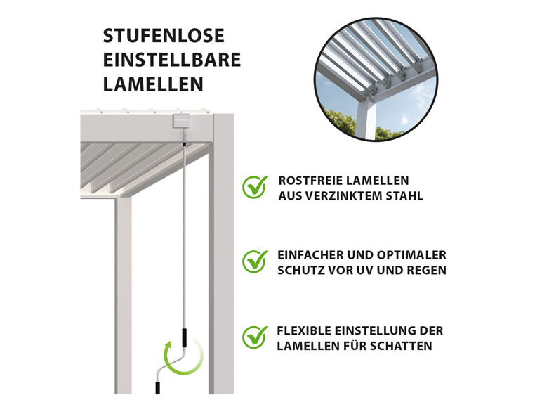 Ein weißes Pergola-Dach mit verstellbaren Lamellen für Schatten und Regenschutz.