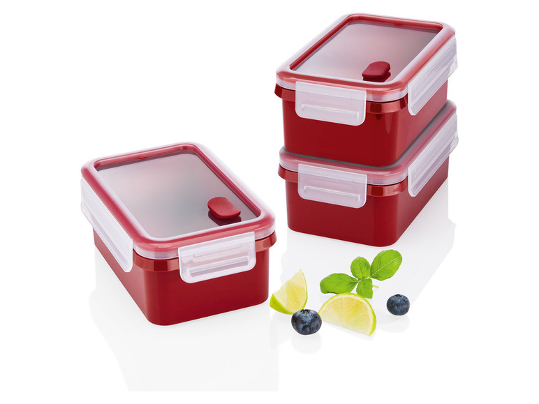 Drei rote Plastik-Lebensmittelbehälter mit Deckeln
