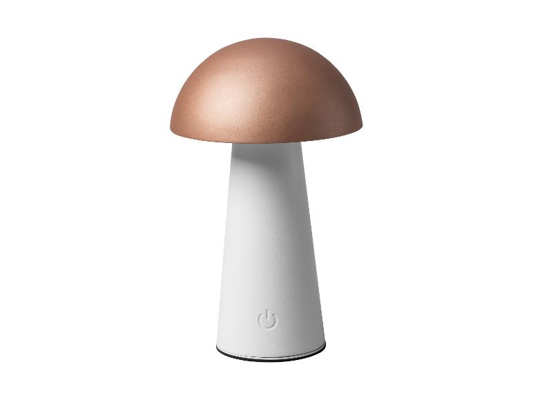 Pilzförmige Tischlampe mit Kupferoberteil und weißem Sockel, mit Ein-/Ausschalter.