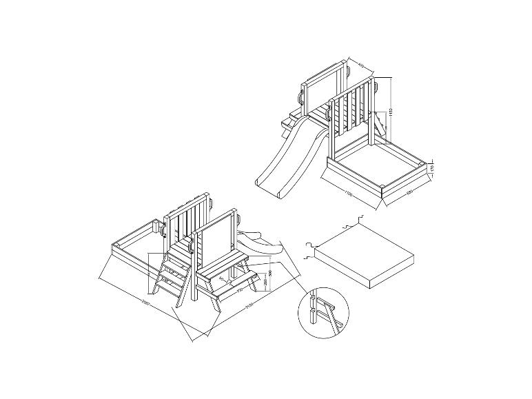 Zwei isometrische Ansichten eines Holzspielplatzes mit Rutsche, Sandkasten und Bänken, mit Maßen.