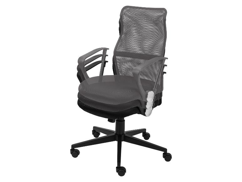 Grauer ergonomischer Bürostuhl aus Netzstoff mit Rollen.