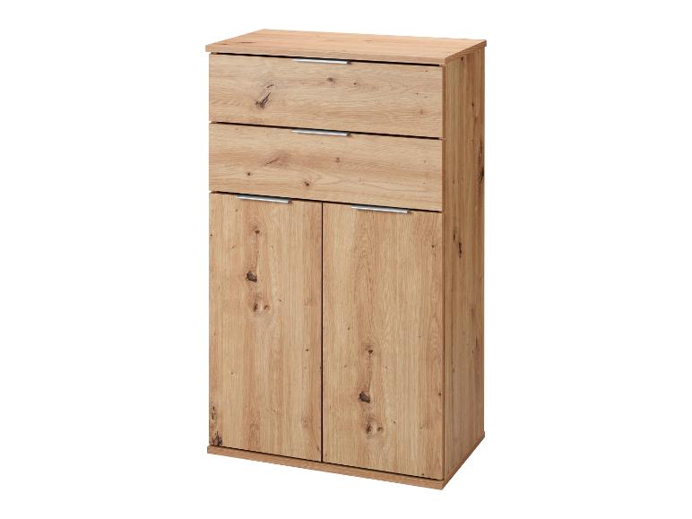 Holzschrank mit drei Schubladen und zwei Türen, mit Metallgriffen.