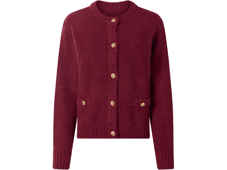 Texturierte bordeauxrote Strickjacke mit goldenen Knöpfen.