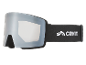 Schwarze Skibrille mit silberner verspiegelter Scheibe und weißem Logo auf dem Band.