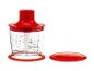 Roter und transparenter Zerkleinerer mit Deckel, skaliert von 100 bis 500 ml