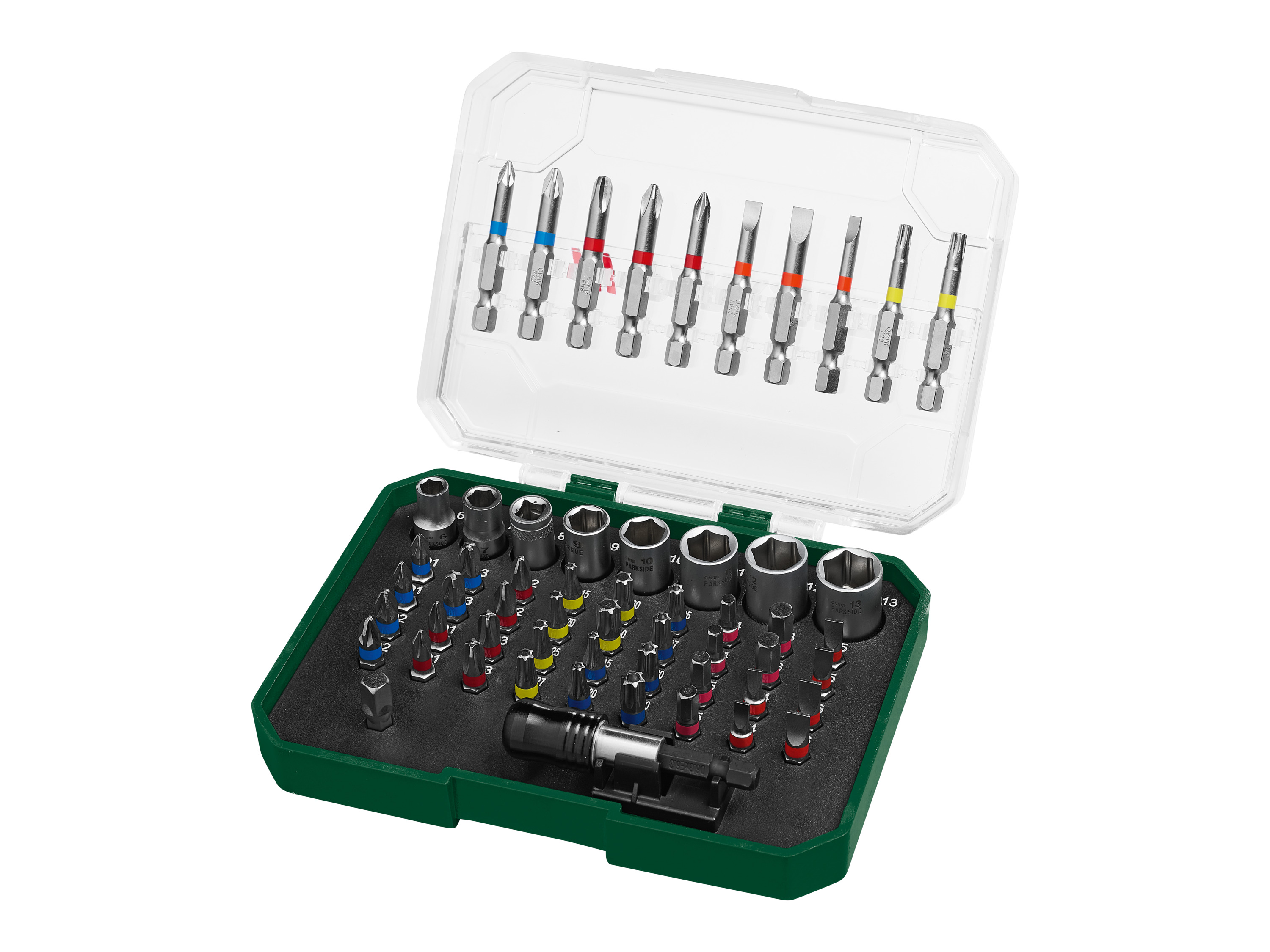 PARKSIDE® Bit-Set 71tlg./ 56tlg. PBS3 A2 (Bit und Nuss Set 56 tlg.)““ | 4 x Stern Plus, 4 x Vierkant, 4 x Schraubenschlüssel