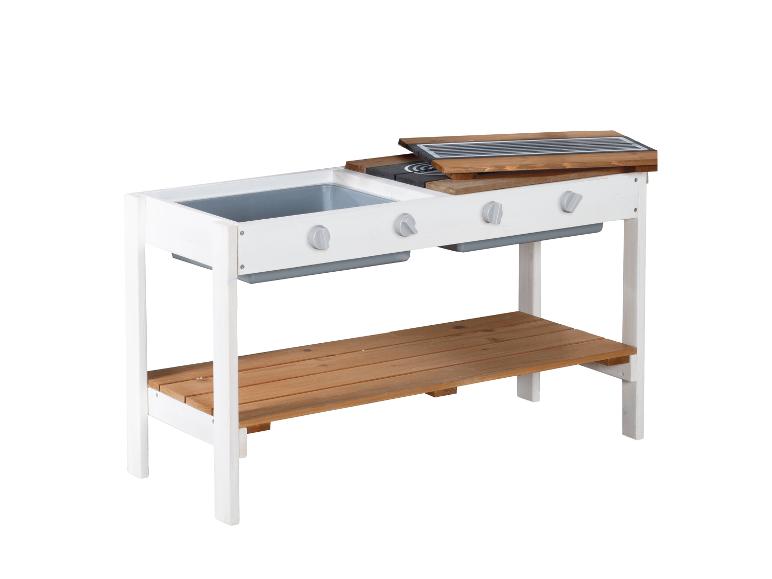 Weiße und braune Spielküche aus Holz mit Spüle, Herd und unterem Regal.