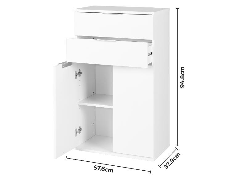 Weißer Schrank mit zwei Schubladen und zwei Türen, die Regale im Inneren zeigen, mit Maßen.