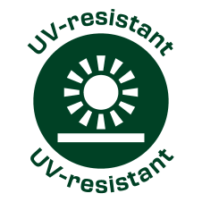 Dunkelgrünes rundes Logo mit einer weißen Sonne und dem Text „UV-resistant“ oben und unten.